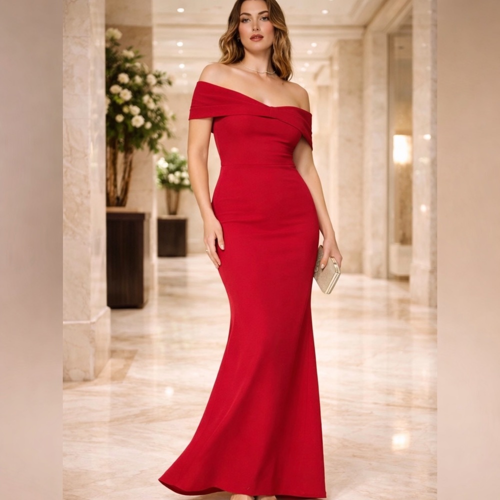 Sachin & Babi Red Off-Shoulder Crepe Gown Sz 8 Black Tie Formal